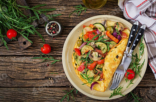Preview: Omelet with tomatoes, zucchini and mushrooms. Omelette breakfast. Healthy food. Top view. Flat lay