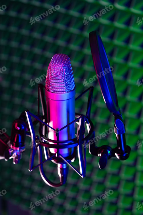 Preview: Professional studio microphone against acoustic foam panel background in neon light