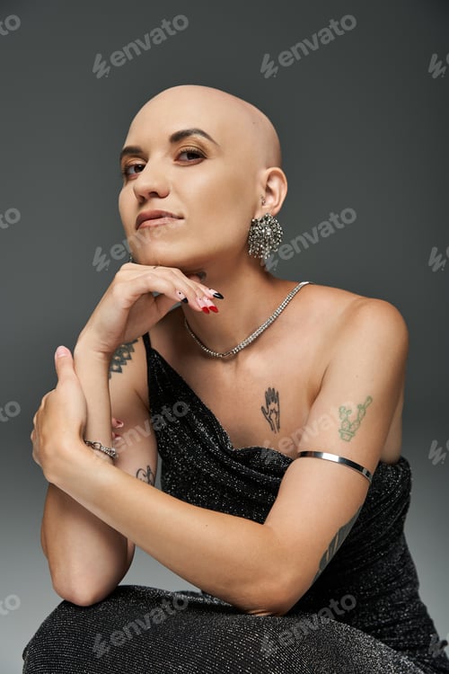 Preview: Elegant portrait of a young bald woman with alopecia showcasing confidence and style