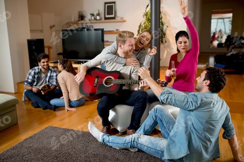 Preview: Young people having party with guitar