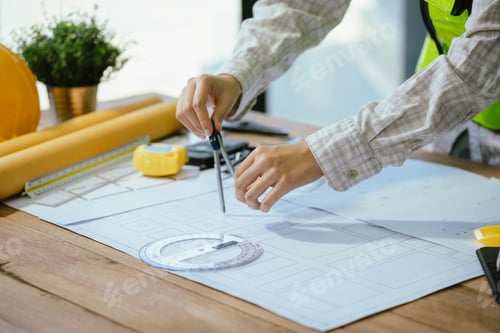 Preview: Concept architects or engineer holding pen pointing equipment architects on the desk