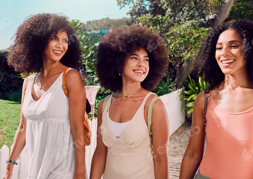 Preview: Summer, travel and black woman friends with communication, talking or happy for outdoor holiday in