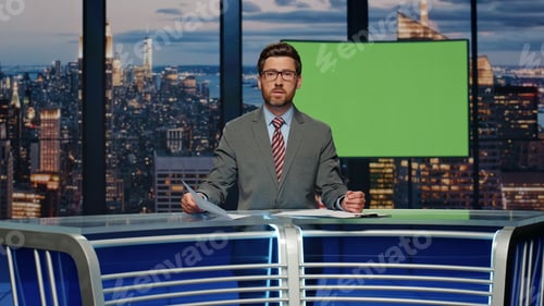 Preview: Reporter man talking chromakey screen at studio. Presenter reporting live news