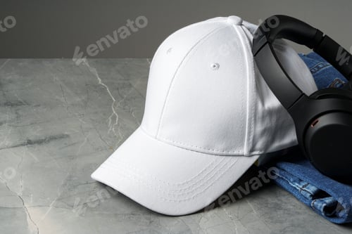 Preview: Baseball cap with black headphones on dark background