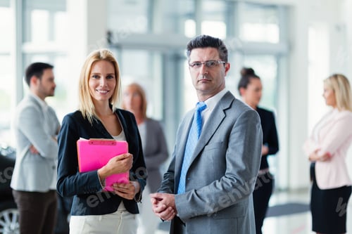 Preview: Professional salesperson selling cars at dealership to buyer