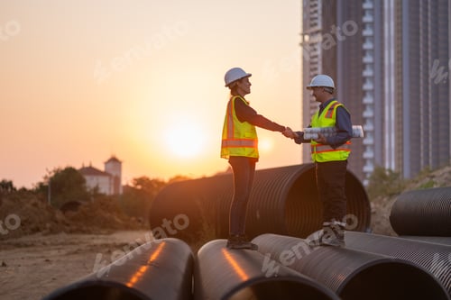 Preview: Construction surveyor or engineer working in pipe construction site inspection