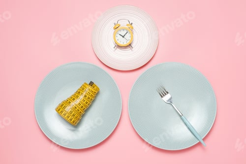 Preview: Three plates with an alarm clock, measuring tape and a fork, intermittent fasting concept.