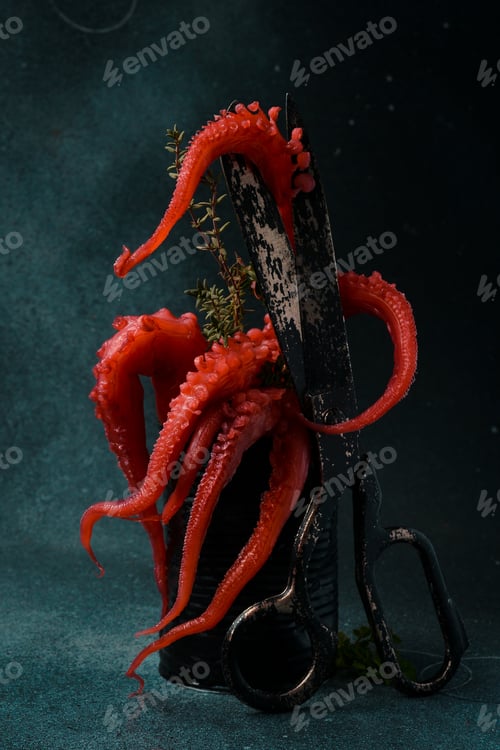 Preview: Boiled octopus. Octopus tentacles in a metal can, on a black stone background.