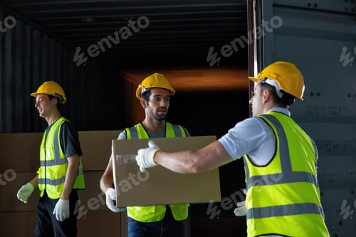 Preview: 3 Workers hand carry carton box take from 40 feet steel container one by one and stack on floor