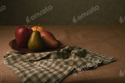 Preview: Fresh Fruit Arrangement on Wooden Table with Cloth