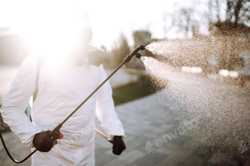 Preview: Man in virus protective suit and mask disinfects public places. Infection prevention and control.