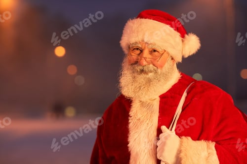 Preview: Smiling Santa Claus Delivering Presents At Night