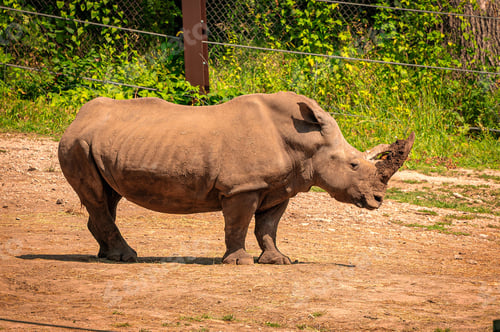Preview: Rhinoceros is standing in a dirt enclosure on a sunny day with greenery in the background