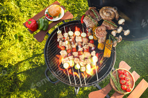 Preview: Cooking meat and vegetables on barbecue grill outdoors, flat lay