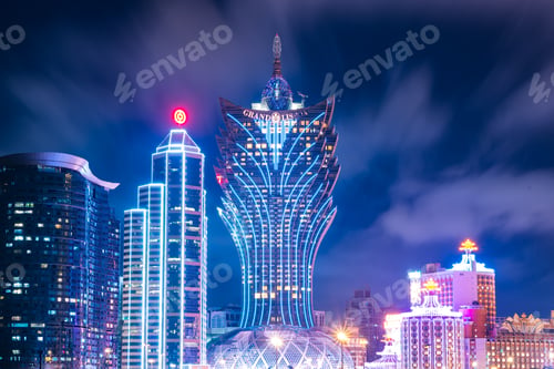 Preview: Macau city modern building landscape or cityscape at night, Casino of Asia travel landmark