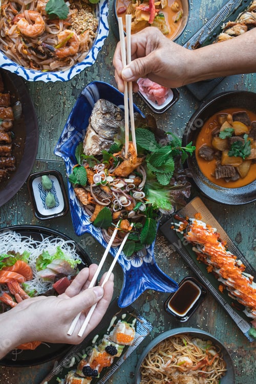 Preview: Variety of thailand food dishes. Vertical image
