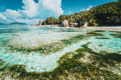Preview: La Digue Island, Seychelles. World famous tropical beach Anse Source d'Argent with granite