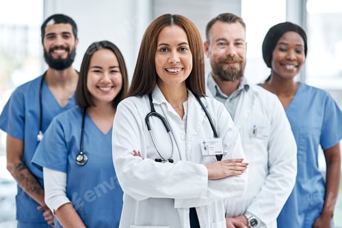 Preview: Portrait of a group of medical practitioners standing together in a hospital