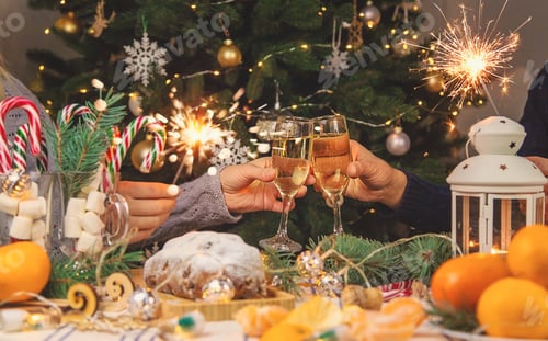 Preview: Champagne on the Christmas table. Selective focus.