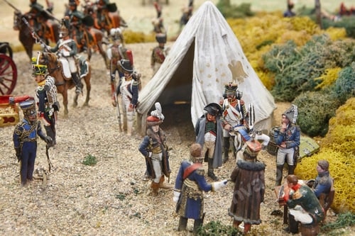 Preview: Model of Waterloo battle with tin miniature soldiers troops. Strategy