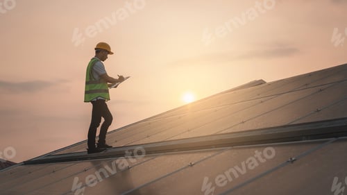 Preview: Service engineer checking solar cell on the roof for maintenance if there is a damaged part.