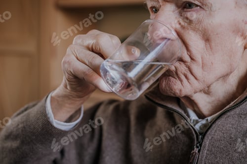 Preview: Old man drinking water closeup