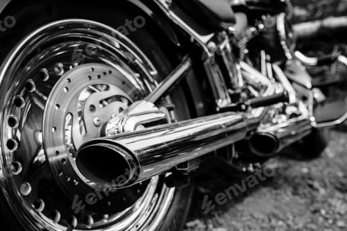 Preview: Rear view of motorcycle exhaust chrome pipes