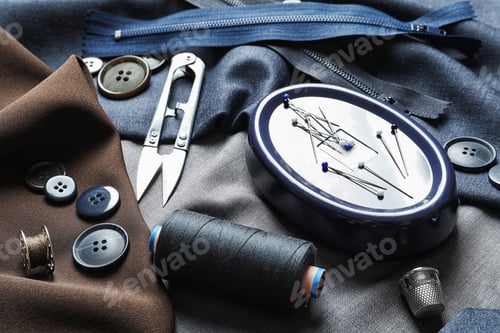 Preview: Set of tailoring accessories on fabric samples
