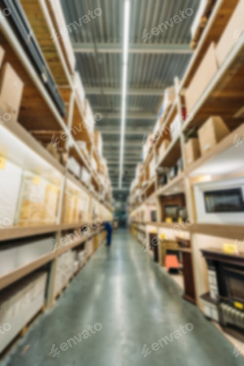 Preview: blurred view of shelves with boxes in shipping stock