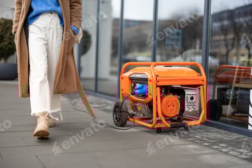 Preview: Woman walks on a street with gasoline generator
