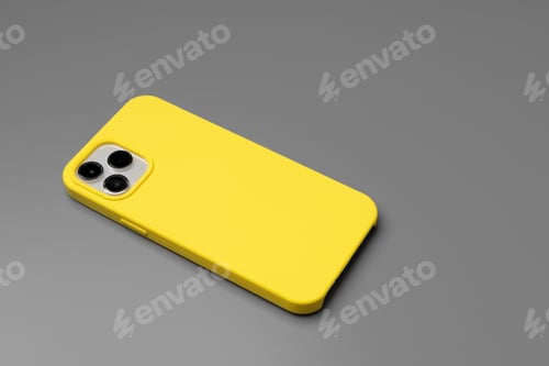 Preview: Modern smartphone in yellow case on gray background