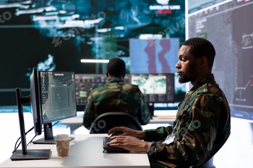 Preview: Intelligence officer work with modern high tech gear in control room