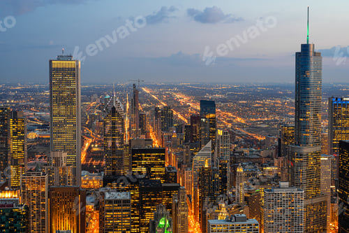 Preview: Top view building of Chicago cityscape at the night time, USA downtown skyline