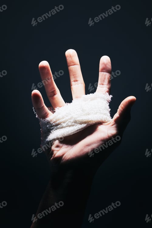 Preview: Bandage, black and hand palm of man with medical injury pain, first aid care and hurt from mma figh