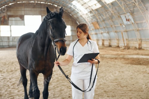 Preview: Front view. Female doctor in white coat is with horse on a stable