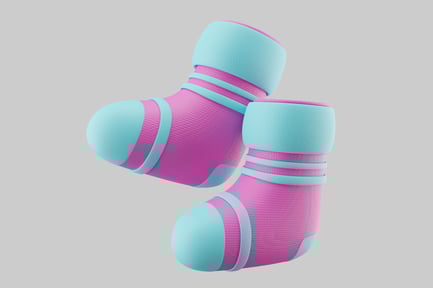 Preview: A pair of pink socks with blue stripes.