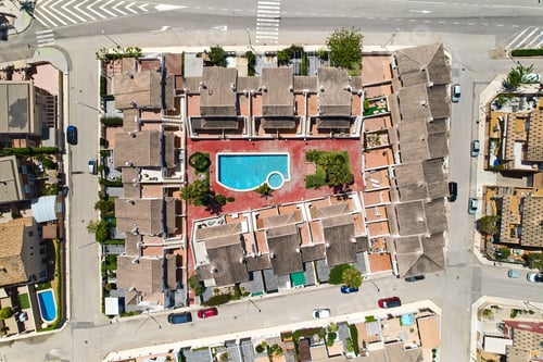 Preview: Aerial view of Torre de la Horadada residential houses with swimming pool in the Mediterranean Sea