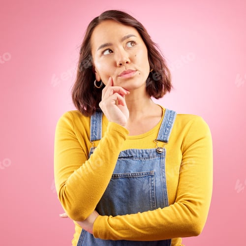 Preview: Asian woman, thinking face and ideas in studio, pink background and vision of mindset, planning and