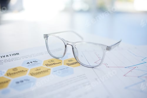 Preview: Glasses, documents and marketing research charts on advertising startup, creative company or small