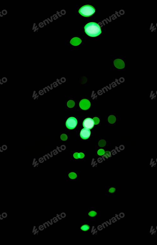 Preview: Bokeh, green dots and light on black background with pattern, texture and mockup with cosmic aesthe