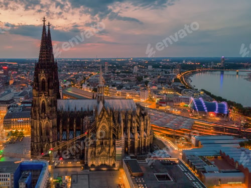 Preview: Cologne Germany view at the Dom of Cologne aerial drone view over Cologne rhine river Germany