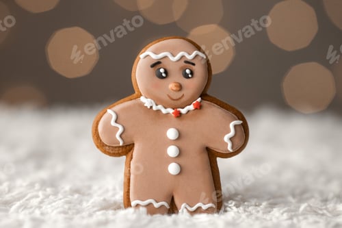 Preview: Closeup cute sugar gingerbread man on lights backgroud. Sweet festiwe cookies.