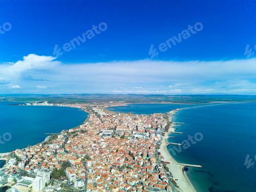 Preview: Panoramic view from a height above the town of Pomorie washed by the Black Sea in Bulgaria