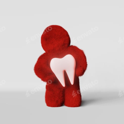 Preview: Cute furry Yeti monster holds red aching molar tooth Toothache Oral care Wisdom teeth extraction.