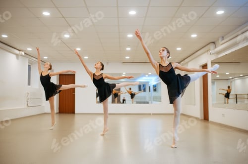 Preview: Three young ballerinas, teens rehearsing in class