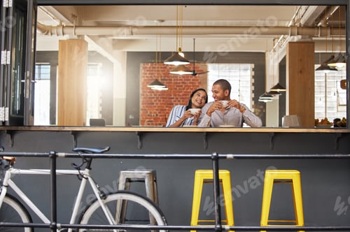 Preview: Happy, romantic and sitting couple on a fun date at a cafe, restaurant or coffee shop. Woman and ma