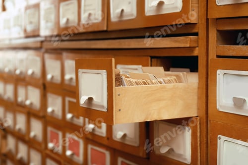 Preview: Closeup view of library card catalog drawers