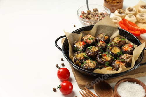 Preview: Stuffed mushrooms in frying pan, kitchen board and ingredients on white background, space for text