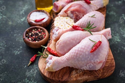 Preview: Raw chicken legs with spices and garlic.