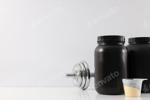 Preview: Black plastic jars, measuring cup with powder and dumbbell on white background, space for text